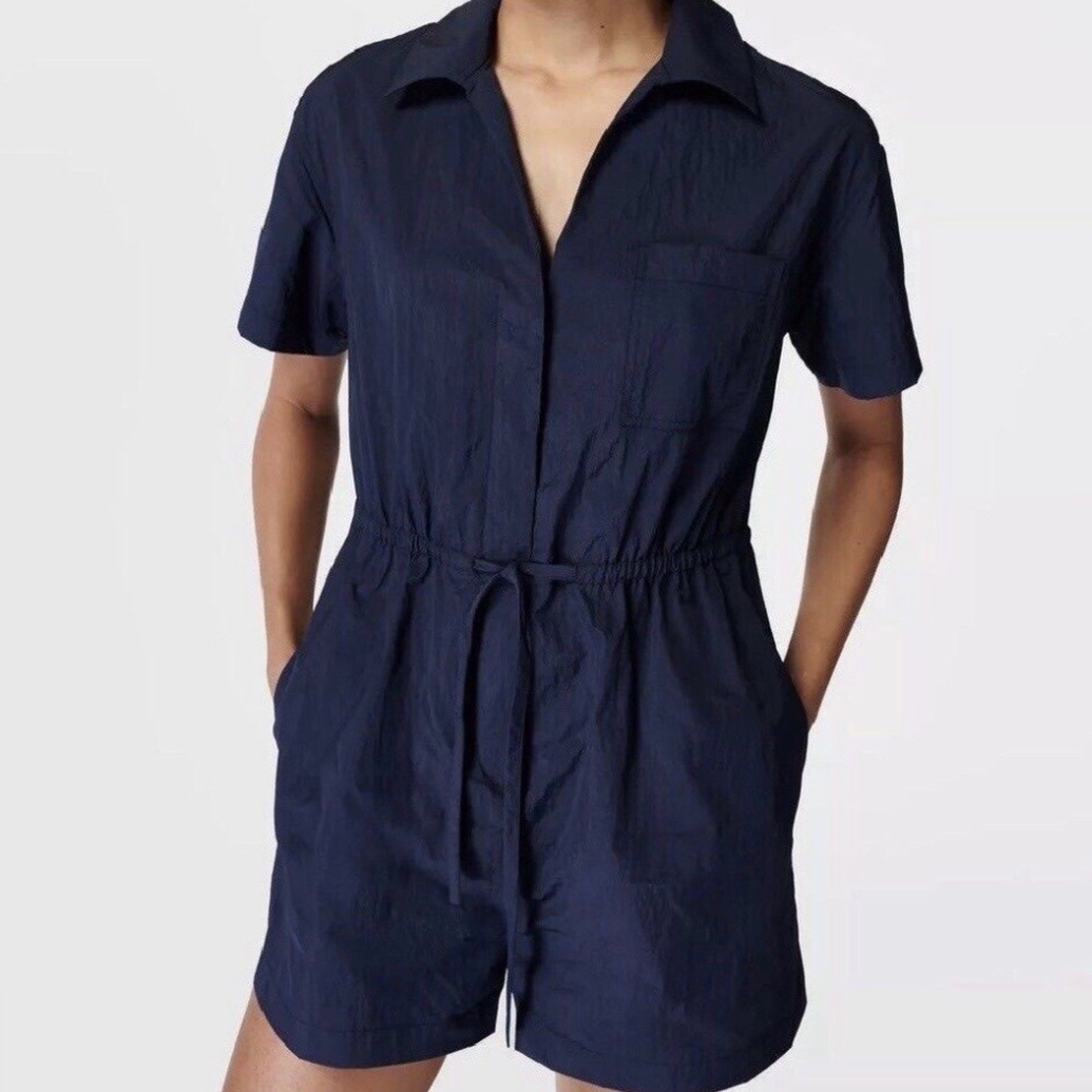 Sweaty Betty x Anthropologie Anytime Short Sleeve Romper‎ Navy Blue Size Medium